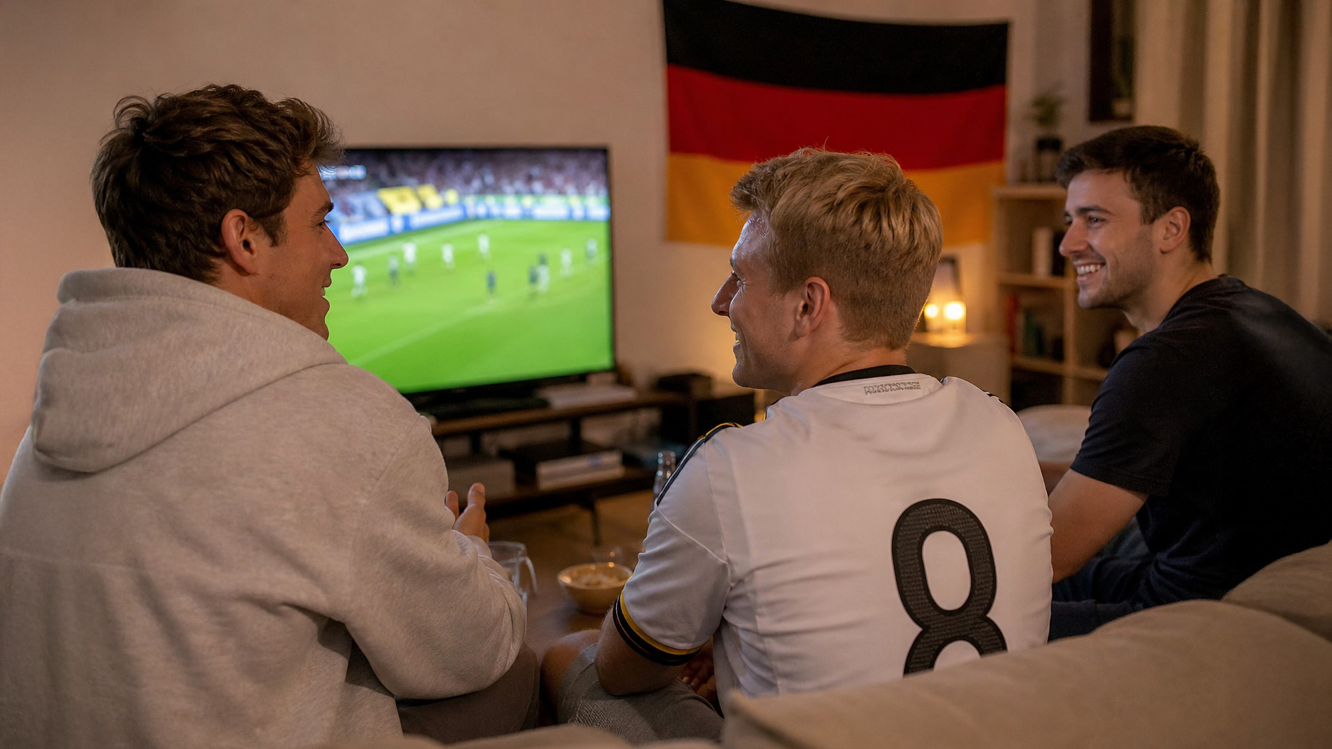 3 Freunde schauen zusammen Fußball